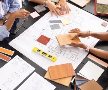 Diverse female designers reviewing plans with wood, paint samples and spirit level at studio. Blueprint, swatches, palette, architecture, collaboration, planning, office