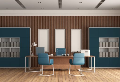 Minimalist office with large desk,office chair and bookcase on wooden wall - 3d rendering